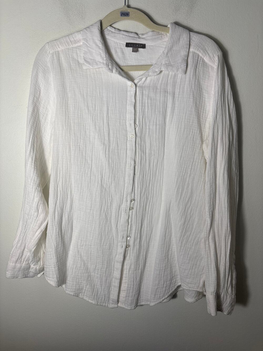 Lilla P White Cotton Guaze Long Sleeve Button Up Top L